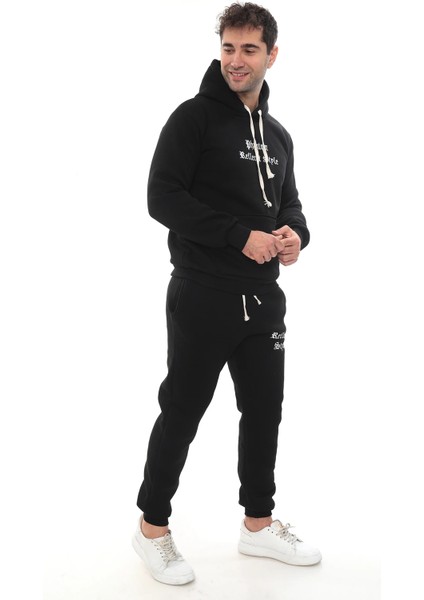 Siyah Şık Içi Polarlı Erkek Eşofman Takımı Paça Lastikli Cepli Kapüşonlu Nakış Detaylı Compact Takım fiyatları