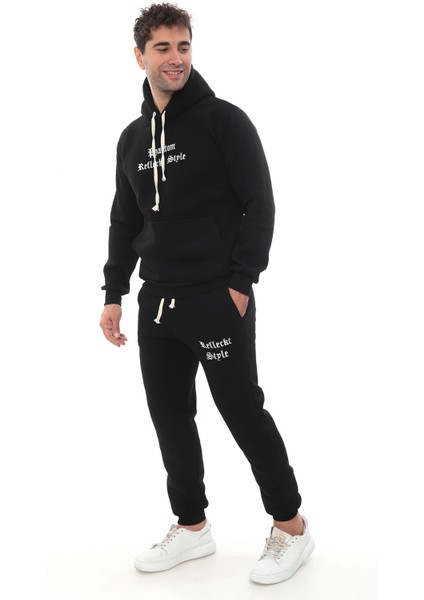 Siyah Şık Içi Polarlı Erkek Eşofman Takımı Paça Lastikli Cepli Kapüşonlu Nakış Detaylı Compact Takım modelleri