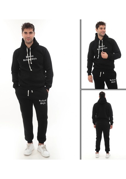 Siyah Şık Içi Polarlı Erkek Eşofman Takımı Paça Lastikli Cepli Kapüşonlu Nakış Detaylı Compact Takım fırsatları
