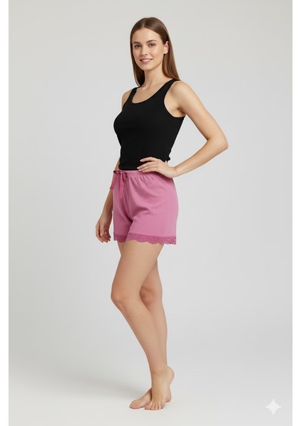 Bambu Fitilli Kadın Ev Şortu Bacak Dantel Detaylı Ev Giyim Fuşya fiyatları
