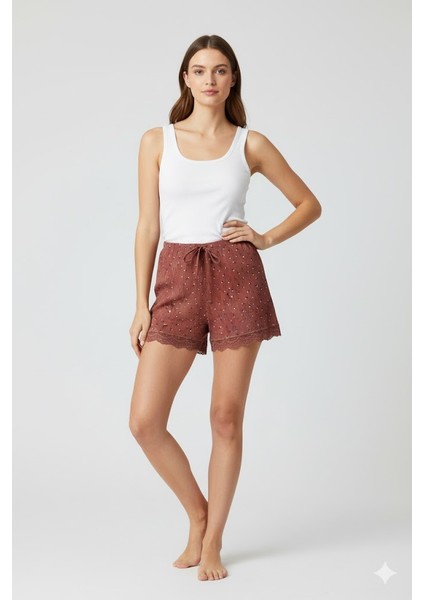 Düz Renk Mini Çiçek Desenli Penye Kadın Ev Şortu Bacak Dantel Detaylı Ev Giyim Taba