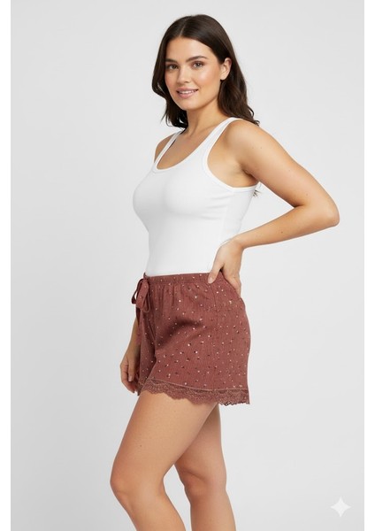 Düz Renk Mini Çiçek Desenli Penye Kadın Ev Şortu Bacak Dantel Detaylı Ev Giyim Taba fiyatları