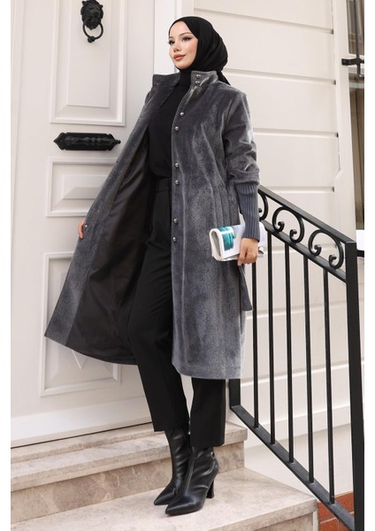 Broş Detaylı Kaban Gri 19279