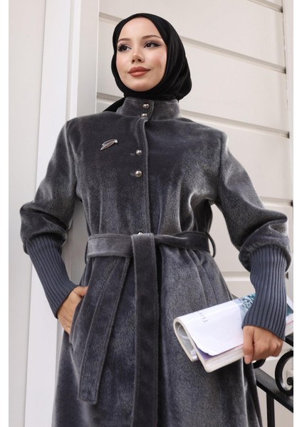 Broş Detaylı Kaban Gri 19279 fiyatları