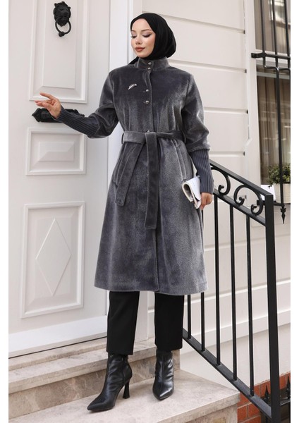 Broş Detaylı Kaban Gri 19279 modelleri