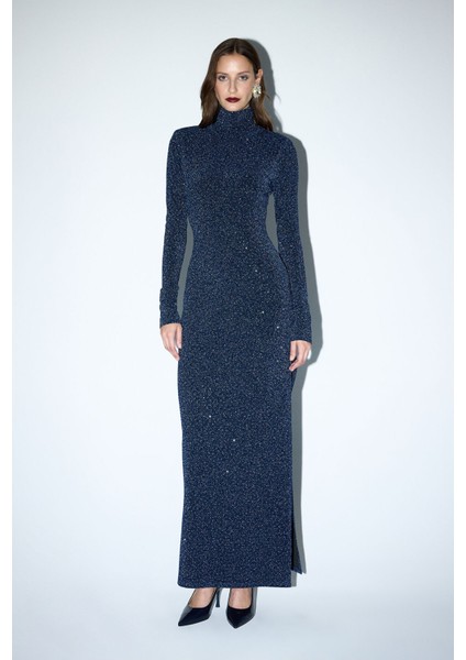 Yırtmaçlı Jarse Elbise Lacivert 12444354002