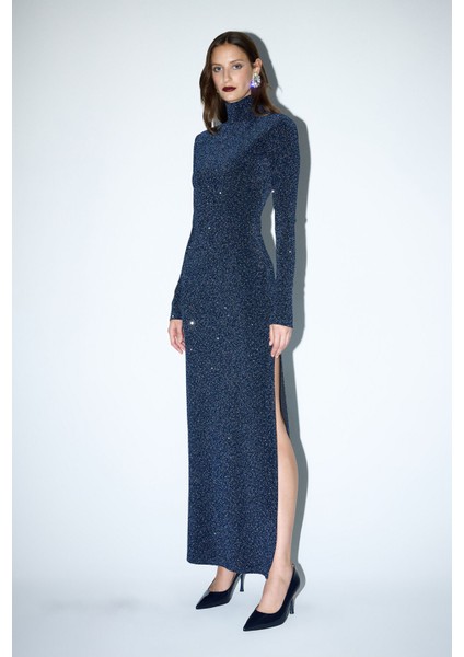 Yırtmaçlı Jarse Elbise Lacivert 12444354002 modelleri