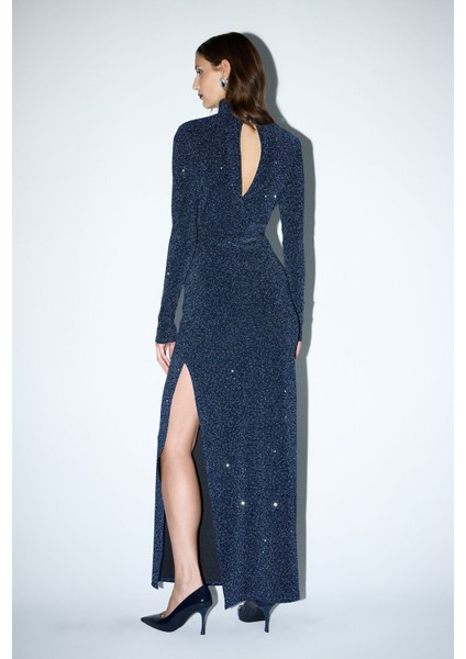 Yırtmaçlı Jarse Elbise Lacivert 12444354002