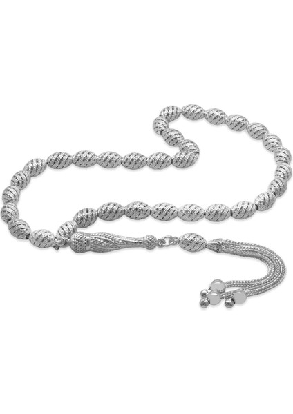 Üçlü Kamçı Püsküllü Helezon Detaylı Telkari Tasarım Arpa Kesim Gümüş Renk 925 Ayar Gümüş Tesbih