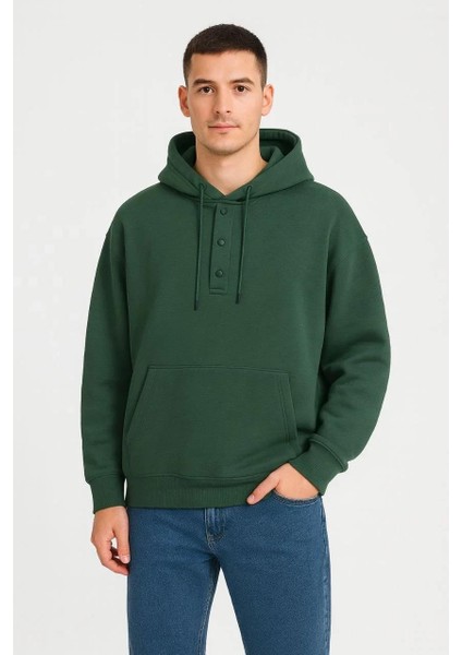 Erkek Ovarsize Kapüşonlu Swetshirt Kanguru Çepli Cıtcıtlı 3 Iplik Şardonlu Hoodie - Haki modelleri