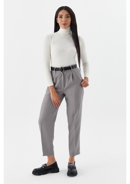 Kemerli Yüksek Bel Pantolon Grı