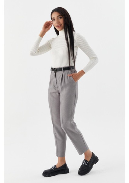 Kemerli Yüksek Bel Pantolon Grı modelleri