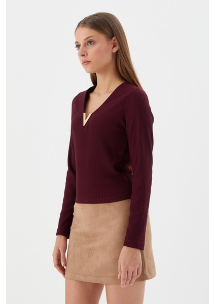 V Yaka Bluz Bordo modelleri