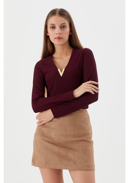 V Yaka Bluz Bordo fırsatları