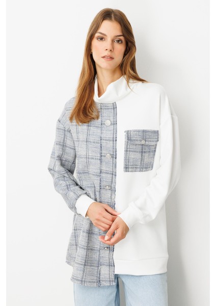 Cep Detaylı Dokulu Ekose Gömlek-Mavi