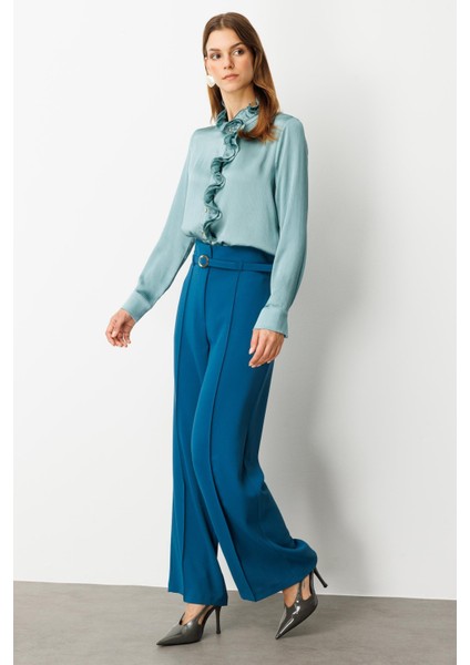 Yüksek Bel Kemer Detay Krep Pantolon-Petrol