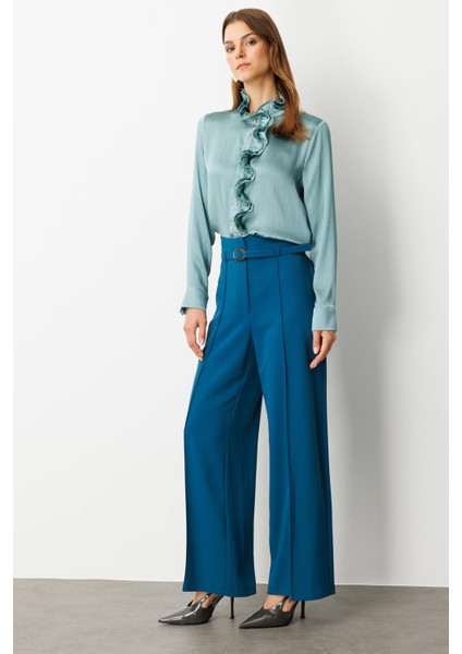 Yüksek Bel Kemer Detay Krep Pantolon-Petrol fiyatları