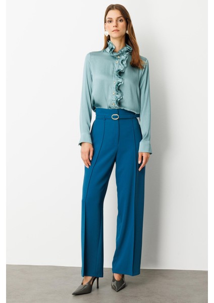 Yüksek Bel Kemer Detay Krep Pantolon-Petrol fırsatları