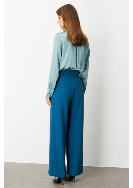 Yüksek Bel Kemer Detay Krep Pantolon-Petrol indirimleri