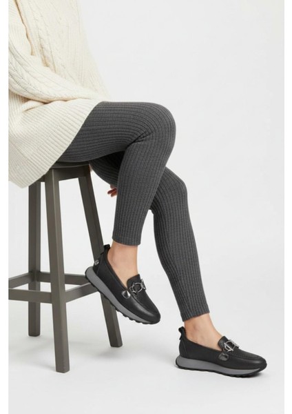 D25KA-7255 Siyah Hakiki Deri Tam Ortopedik Kadın Casual Günlük Ayakkabı