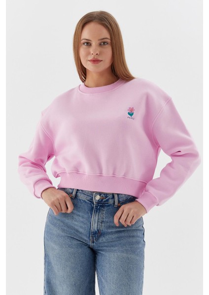 Çiçek Işleme Detaylı Crop Sweatshirt Pembe