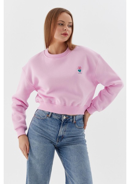 Çiçek Işleme Detaylı Crop Sweatshirt Pembe fiyatları
