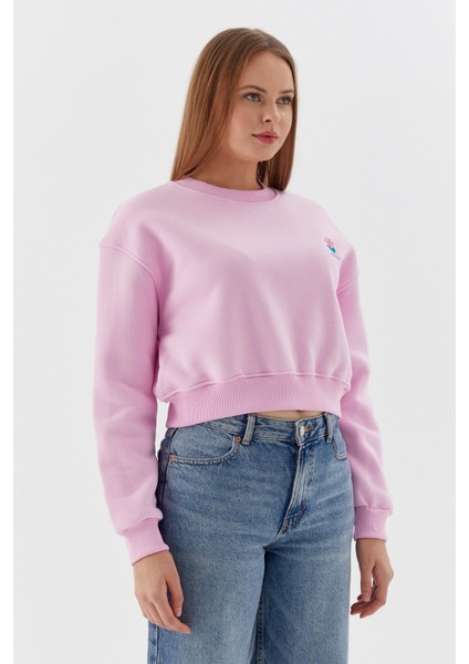 Çiçek Işleme Detaylı Crop Sweatshirt Pembe modelleri