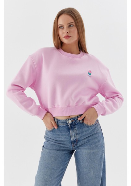 Çiçek Işleme Detaylı Crop Sweatshirt Pembe fırsatları