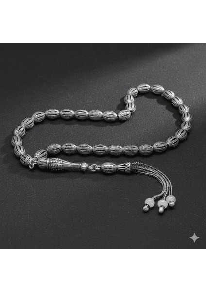 Üçlü Kamçı Top Püsküllü Kafes Tasarım Arpa Kesim Eskitme Renk 925 Ayar Gümüş Tesbih modelleri