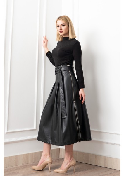 Double Zip Kuşaklı Deri Etek 6821
