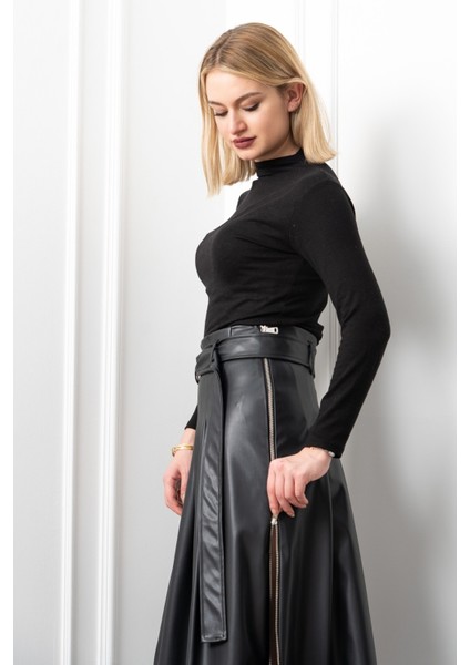 Double Zip Kuşaklı Deri Etek 6821 modelleri