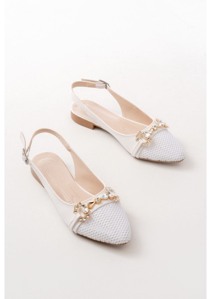 İNF-120 Beyaz Günlük Fileli Taş Aksesuarlı Kadın Babet