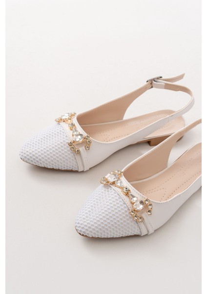 İNF-120 Beyaz Günlük Fileli Taş Aksesuarlı Kadın Babet fiyatları