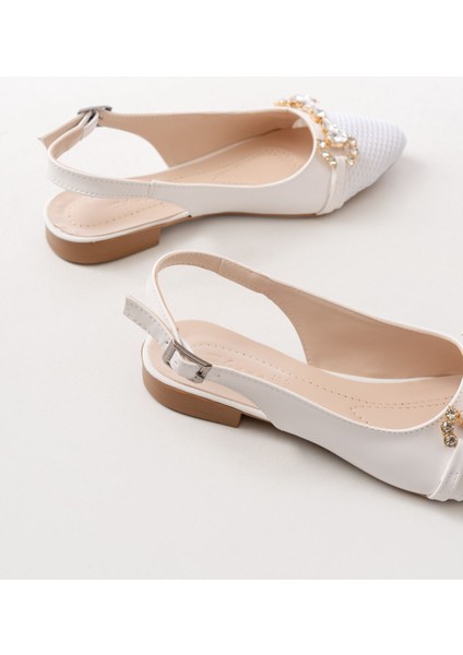 İNF-120 Beyaz Günlük Fileli Taş Aksesuarlı Kadın Babet modelleri