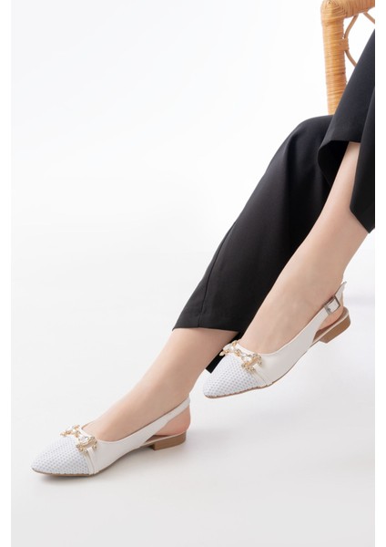 İNF-120 Beyaz Günlük Fileli Taş Aksesuarlı Kadın Babet fırsatları