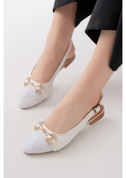 İNF-120 Beyaz Günlük Fileli Taş Aksesuarlı Kadın Babet indirimleri