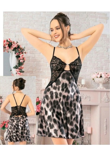 Özel Tasarım Dantelli Seksi Fantezi Giyim Erotik Kadın Şık Leopar Desenli Gecelik
