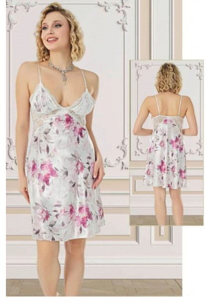 Premium Seri Özel Kadın Rahat Zarif Kışkırtıcı Mini Çiçekli Gri Gecelik