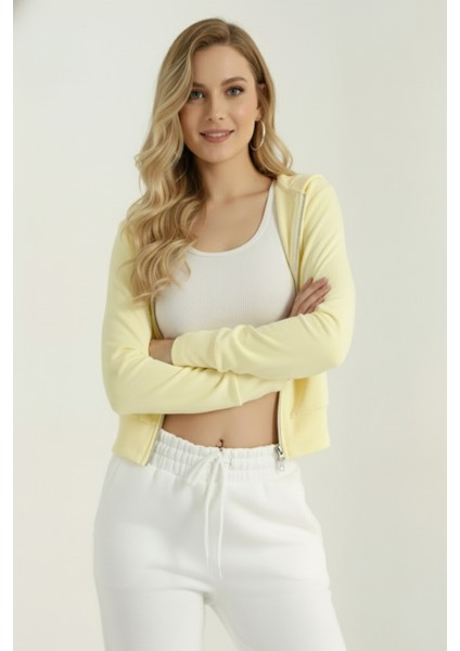 Kadın Kapüşonlu Fermuarlı Sarı Ceket | Parmak Geçme & Gizli Cep Detaylı | %100 Pamuk | Dar Kalıp