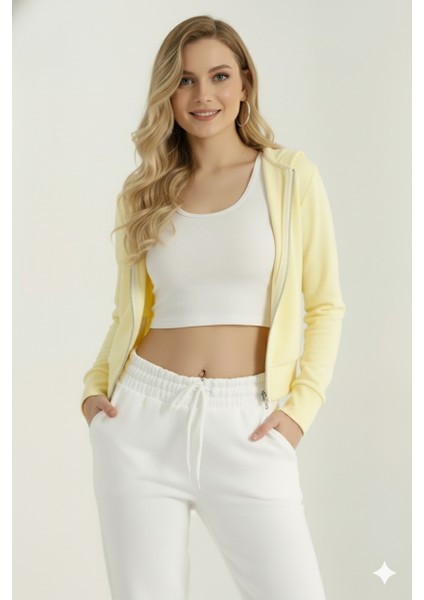 Kadın Kapüşonlu Fermuarlı Sarı Ceket | Parmak Geçme & Gizli Cep Detaylı | %100 Pamuk | Dar Kalıp fiyatları