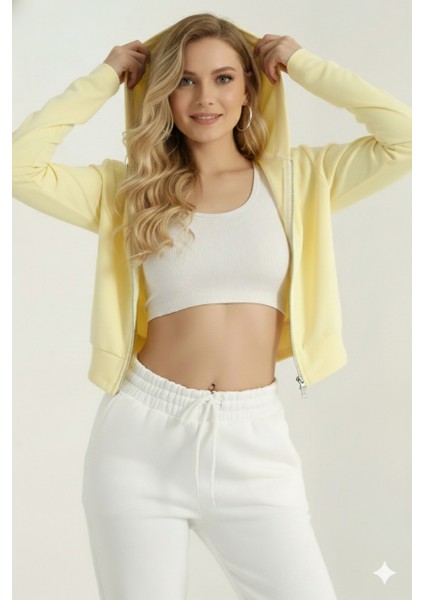 Kadın Kapüşonlu Fermuarlı Sarı Ceket | Parmak Geçme & Gizli Cep Detaylı | %100 Pamuk | Dar Kalıp modelleri