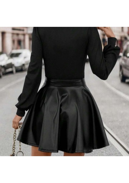 Kadın Uzun Kollu Kare Yaka Üst Viskon Alt Deri Mini Elbise indirimleri