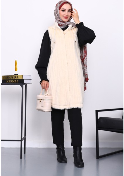 Krem Kapşonlu Kürk yelek fiyatları