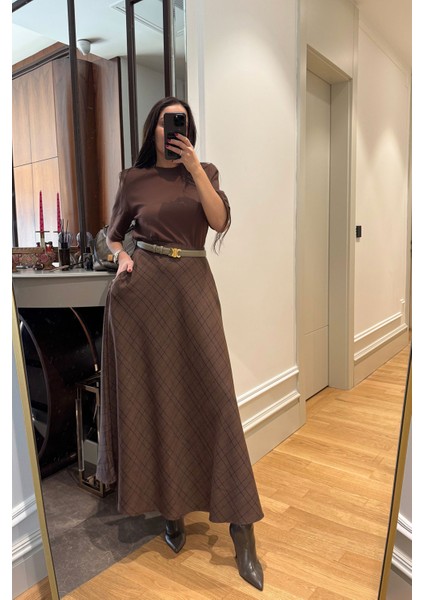 Ekose Desen Verevli Etek- Kahverengi