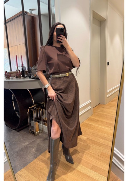 Ekose Desen Verevli Etek- Kahverengi fırsatları