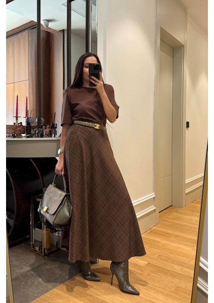 Ekose Desen Verevli Etek- Kahverengi indirimleri