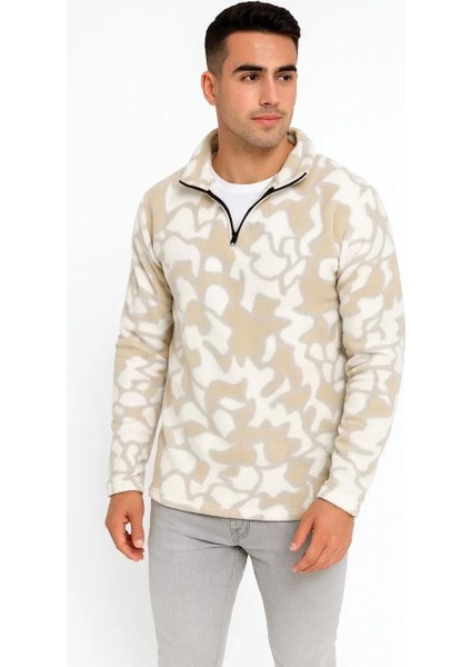 Erkek Yarım Fermuarlı Desenli Polar Sweat Yakalı, Uzun Kollu, Oversize Rahat Kalıp - Bej