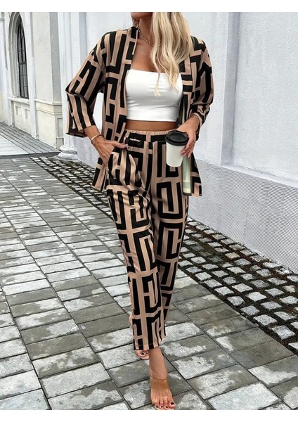 Kadın Uzun Kollu Önü Açık Desenli Iki Iplik Ceket ve Pantolon Ikili Takım