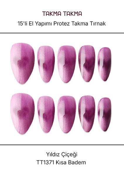 15'li Mor Kısa Badem TT1371 Tekrar Kullanılabilir El Yapımı Protez Takma Tırnak - Mor-M