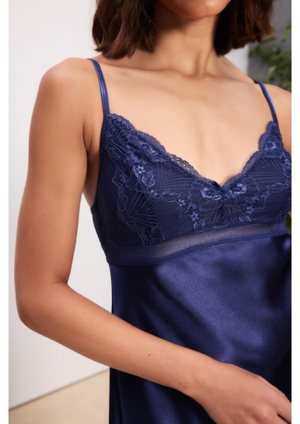 Saten Dantelli Kadın Gecelik ve Sabahlık Takımı - 4510 Lacivert